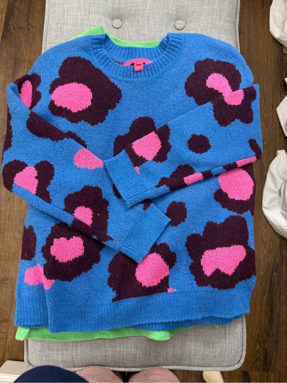 Lilly Pulitzer Blue Floral Crewneck Sweater with Pink and Dark Purple Accents